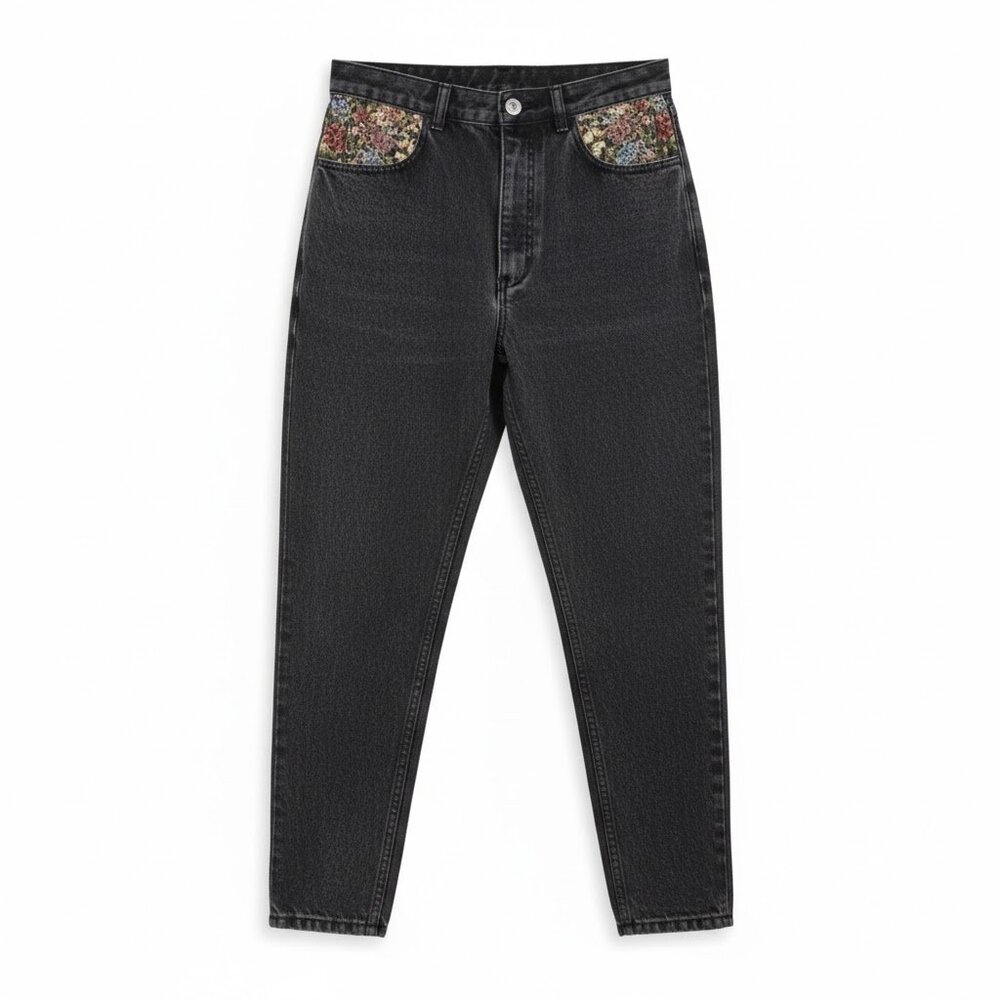 Vtg Jean St. Tropez Acid Wash Black Jeans High Waist Floral Tapestry Pockets 9